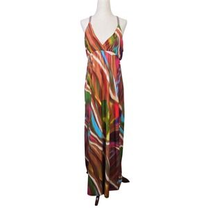Ocean Blue Womens Medium Abstract Multi-Color Maxi Dress Wood Bead T-Back Boho